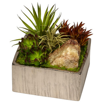 Succulents and Green Calcite in Silver Square Container