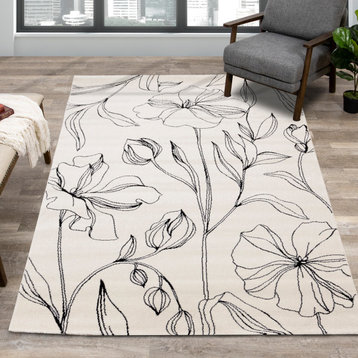 Sutton Collection Cream Gray Simple Flowers Area Rug, 5'3"x7'7"