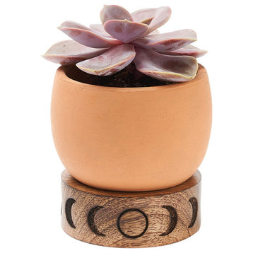 Indukala Moon Phase Terracotta Plant Pot Wood Stand Small