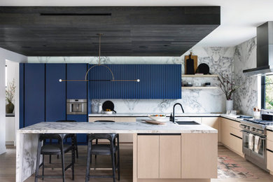 Kitchen pantry - mid-sized contemporary kitchen pantry idea in Orange County with blue cabinets, stainless steel appliances and an island