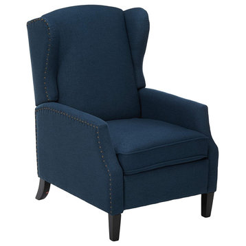 Contemporary Recliner, Push Back Design With Fabric Seat & Wingback, Navy Blue