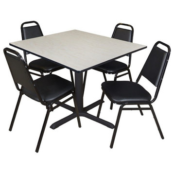 Cain 48" Square Breakroom Table, Maple and 4 Restaurant Stack Chairs, Black