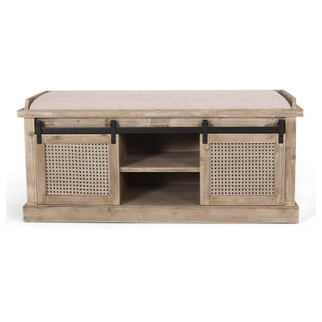 Rustic Storage Bench, Sliding Doors With Rattan Front and Removable Seat Cushion