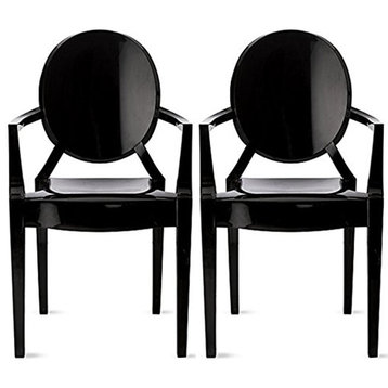 Modern Stackable Chairs Ghost Style Armchairs With Arm Dining Clear Set of 2, Black, Set of 2