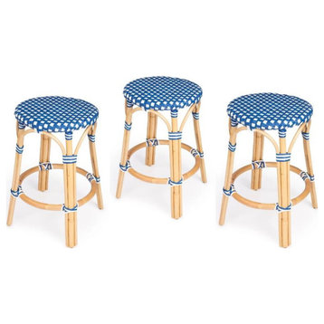 Home Square 3 Piece Rattan Counter Stool Set in Blue and White