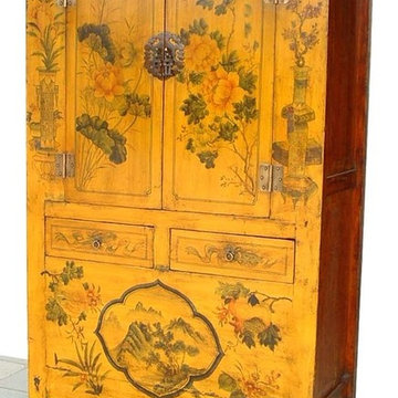Asian Rare Yellow Lacquered painted flowers Antique Chinese Chinoiserie Cabinet