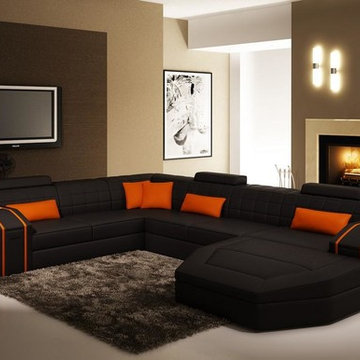 Black and Orange Sectional Sofa with Chaise