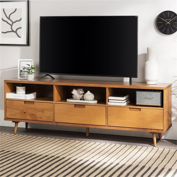 Mid Century Modern TV Stand | 70" Caramel Wood Low Media Console