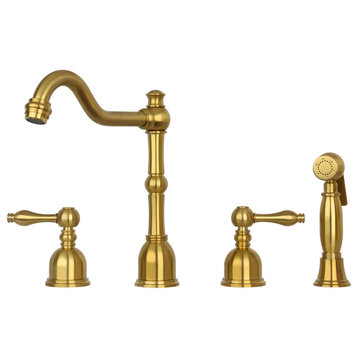 Two-Handles Widespread Kitchen Faucet With Side Sprayer- Brushed Gold