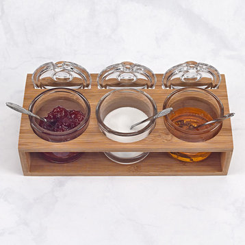 Glass Jam Set With 3 Glass Jars and Spoons on a Wood Stand