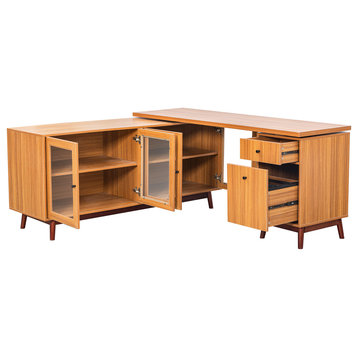 Modern L-shaped Executive Desk, Delicate Tempered Glass Cabinet Storage, Teak