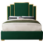 Meridian Furniture - Hugo Velvet Queen Bed, Green - Sleep like a king while adding dramatic flair to your bedroom space in the regal Hugo green velvet queen bed. Sleek green velvet upholstery is supported by a polished gold metal frame, supported on gold metal legs, creating a stunning bed that's truly fit for royalty. The unique gold-framed layered rectangle design of the headboard commands attention of anyone who ventures into your sleeping chamber, and its luxuriously large size ensures you'll slumber like a king.