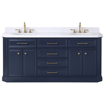 Palace 72" Double Sink White Quartz Countertop Vanity, Blue, F2-0012 Faucets