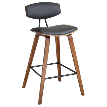 Fox 26" Mid-Century Counter Height Barstool, Gray Faux Leather With Walnut Wood