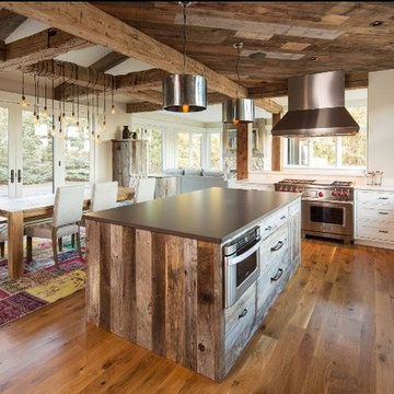 Reclaimed Wood Ceiling Paneling and Timbers in a Modern Farmhouse Kitchen