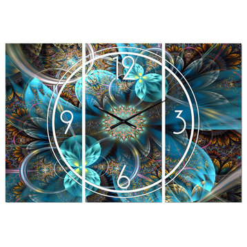 Fractal Blue Flowers Modern and Contemporary 3 Panels Metal Clock