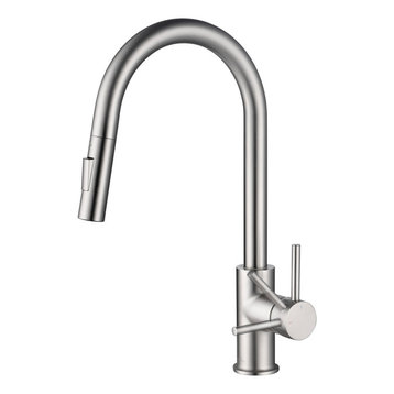 Brass Single Handle Pull Out Kitchen Faucet, Brush Nickel