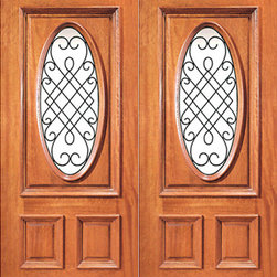 Prehung Mahogany Insulated Oval Lite Exterior Double Door Ironwork - Front Doors