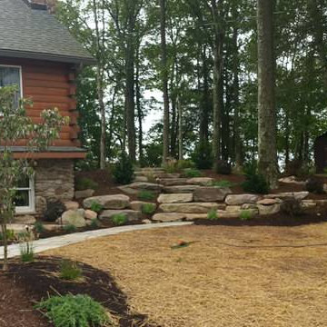 Rural Landscape Design - Fieldstone Wall, Flagstone Path, Boulder Steps
