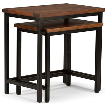 Set of 2 Nesting End Table, Metal Frame With Mango Wood Top, Dark Cognac Brown