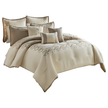 Benzara BM225170 9 Piece Queen Polyester Comforter Set, Cream & Gold