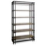 Harp & Finial - Jackson Iron Framed Bookshelf Wood Shelves Gray Washed Finish - Combining both metal and mango wood, this bookcase brings a touch of modern industrial into your home. The washed gray shelves are moveable to allow decorative accessories of varying height and sizes to be displayed. The burnished metal framing holds each shelf for structural support. Due to the production process, there may be minor variations in shape, size, color, and finish.