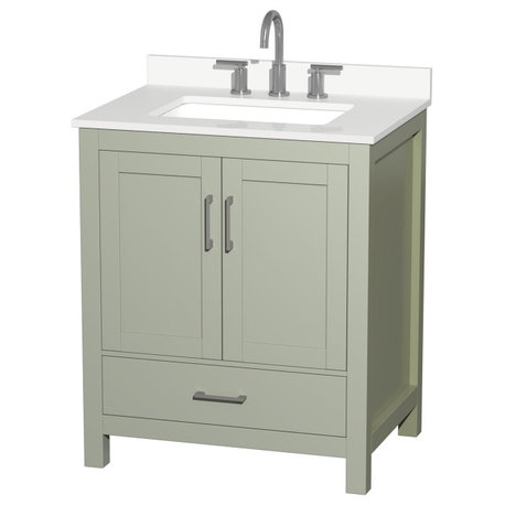 Sheffield 30" Light Green Single Vanity, White Quartz Top, 3-Hole