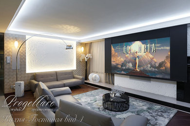 Mittelgroßes, Offenes Stilmix Wohnzimmer mit weißer Wandfarbe, braunem Holzboden, Kamin, Kaminumrandung aus Holz, Multimediawand und braunem Boden in Sankt Petersburg