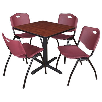 Cain 30" Square Breakroom Table, Cherry and 4 'M' Stack Chairs, Burgundy