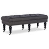 Unique Upholstered Bench, Black Legs With Wheels and Tufted Charcoal Linen Seat