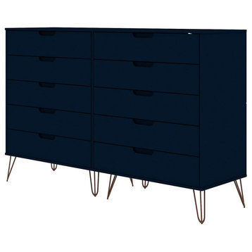 Double Tall Dresser, Hairpin Metal Legs and 10 Storage Drawers, Midnight Blue
