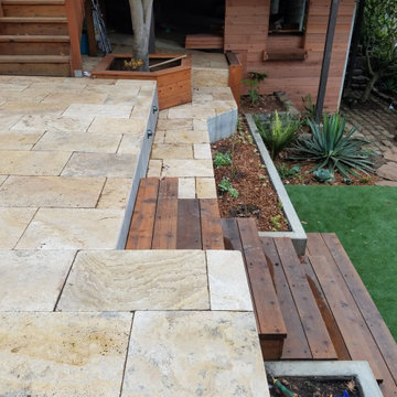 Raised Travertine Patio, Cement Walls with Redwood Appointments