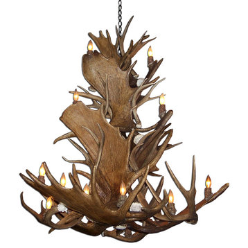Real Shed Antler Moose/Mule Deer Combo Chandelier, With Parchment Shades