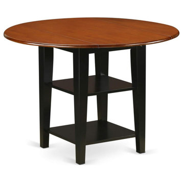 Modern Dining Table, Base With 2 Open Shelves And Round Top, Black/Cherry