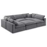 Meridian Furniture - Comfy Upholstered U-Shaped Modular Sectional, Grey, 6-Piece: 3 Armless Chair, 2 Corner Chair, 1 Ottoman, Velvet - Give your space a whole new look with this grey Comfy velvet sectional. This handsome sectional fits nicely with other items in the Comfy collection and is a versatile seating option designed for adaptability, comfort and style. Wrapped in rich grey durable velvet upholstery, this sectional offers a plush embrace of overstuffed down feather cushions, carefully crafted to deliver the highest level of comfort. The perfect seat for creating an oasis for relaxation, this sectional has thick foam surrounding its frame for added support and coziness.