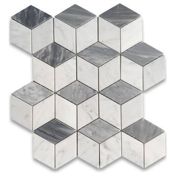 Carrara White Gray Marble 3D Cube Illusion Rhombus Geometry Tile Honed, 1 sheet