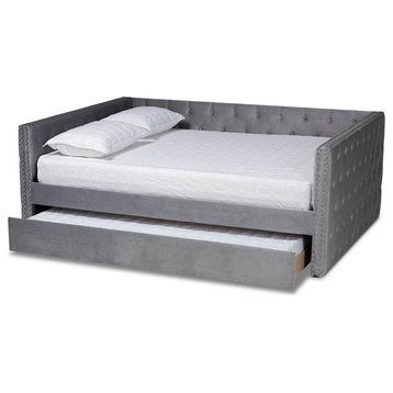 Baxton Studio Larkin Grey Velvet Upholstered Queen Size Daybed with Trundle
