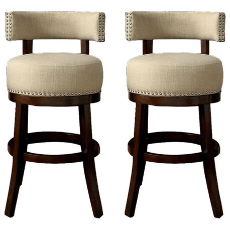 Set of 2 Fabric and Solid Wood 24" Bar Stool, Dark Oak, Beige