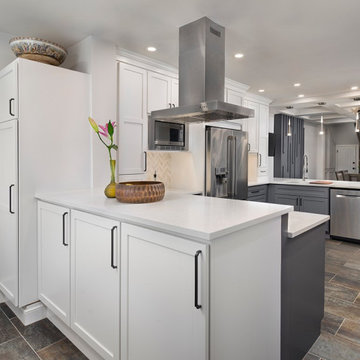 Modern Transitional Two-Tone Kitchen Remodel | White & Gray Cabinets, Brick