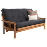 Studio Living - Caleb Frame Futon With Butternut Finish, Suede Black - The futon is a classic hardwood frame with mission style arms. This unique and versatile full size futon sofa easily converts to a Bed.  This multifunctional piece of furniture can find a home in just about any type of room.