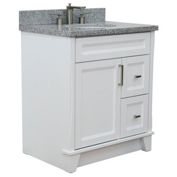 31" Single Sink Vanity, White Finish With Gray Granite With Oval Sink