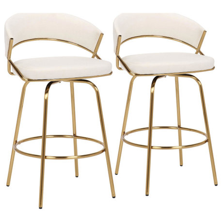 Jie Fixed-height Counter Stool, Set of 2, Gold Metal, Cream Velvet