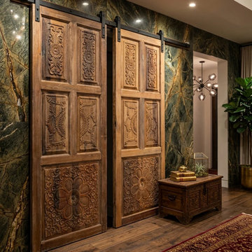 Carved Sliding Barn Doors, Statement Feature Wall