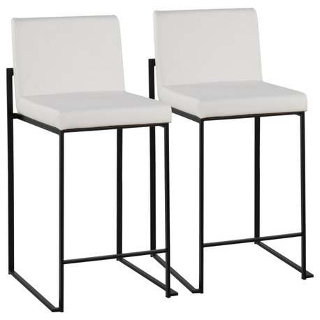 Fuji High Back Counter Stool, Set of 2, Black Steel, White PU