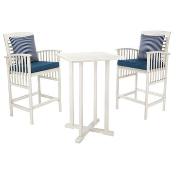 3 Piece Patio Bistro Set, Tall Table and Padded Stools With Pillows, White/Navy