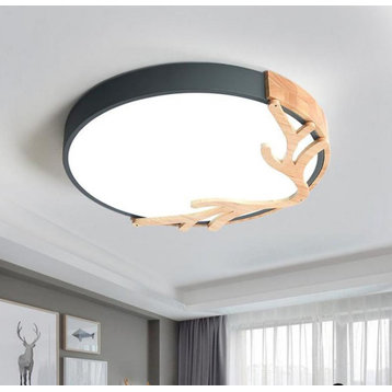 Modern LED Ceiling Lamp Surface with Wood for Kids room, Living Room, Dark Grey, Dia15.7xh2.4''