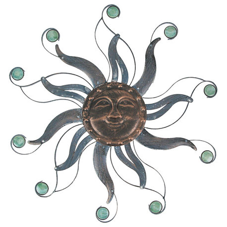 Antique Copper Finish Metal Sun Face Wall Hanging Glass Bead Accents