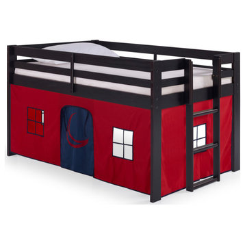Jasper Twin Junior Loft Bed, Espresso Frame and Red/Blue Playhouse Tent