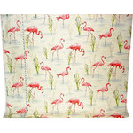 Brick House Fabrics - Flamingo Fabric Retro Tropical Pink Toile, Standard Cut - A flamingo fabric. A retro pink flamingo fabric done as a toile. This is done in shades of baby pink, strong pink, deep raspberry red, sky blue, spring green, grass, light and medium taupe, with white and charcoal. The background is cream. Colors have been layered and stippled, so many shades are seen. From a distance the effect is of cheerful pinks, with greens and blue, grey, and black on cream.