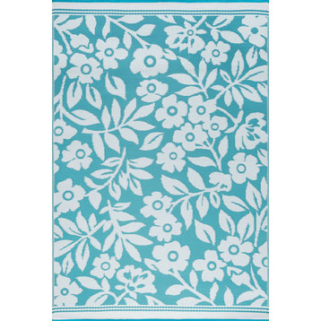Kaliyah Transitional Floral Aqua/White Rectangle Indoor/Outdoor Area Rug, 8'x10'
